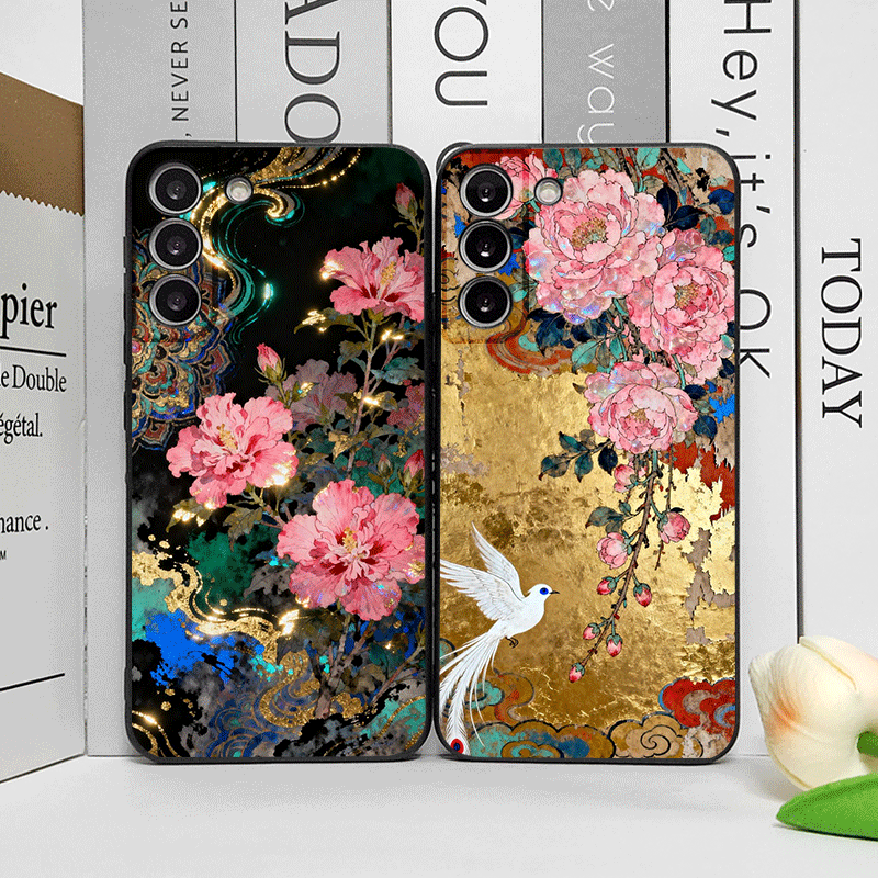 Oppo Reno 12 - Casing Ponsel Lukisan Tinta Emas Bunga