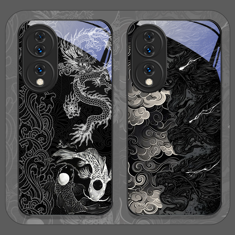 Huawei Mate 60 - Casing Ponsel Kaca Tempered Cetak Naga